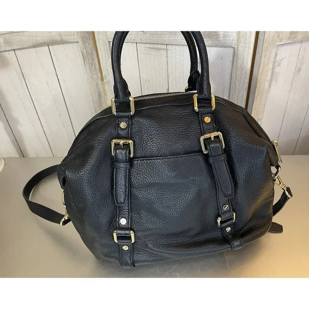 Michael Kors Bedford Bowling Medium Black Leather Satchel Bag Crossbody Strap